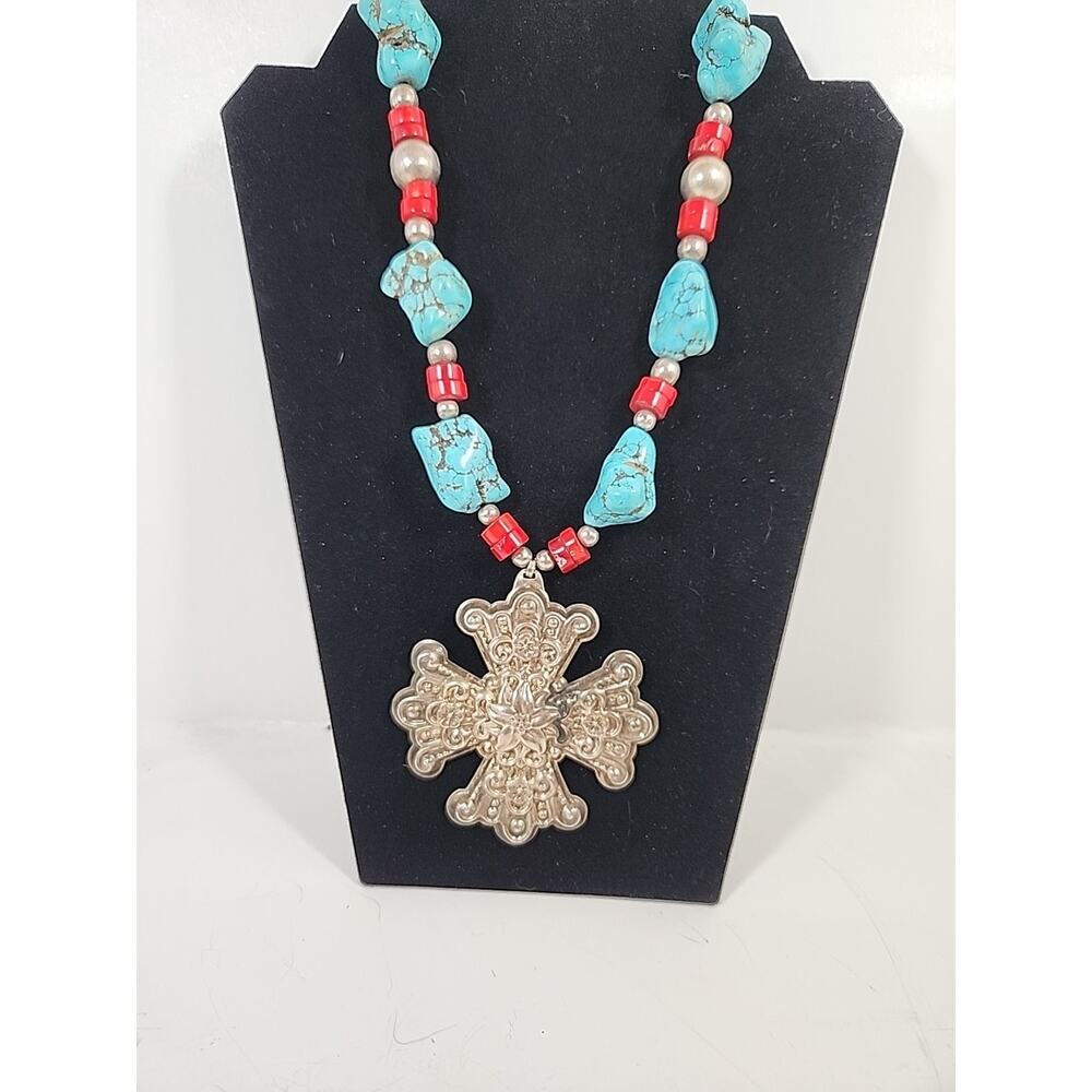 Vintage Native American Turquoise Necklace Sterling 1974 Reed Barton 925 Cross